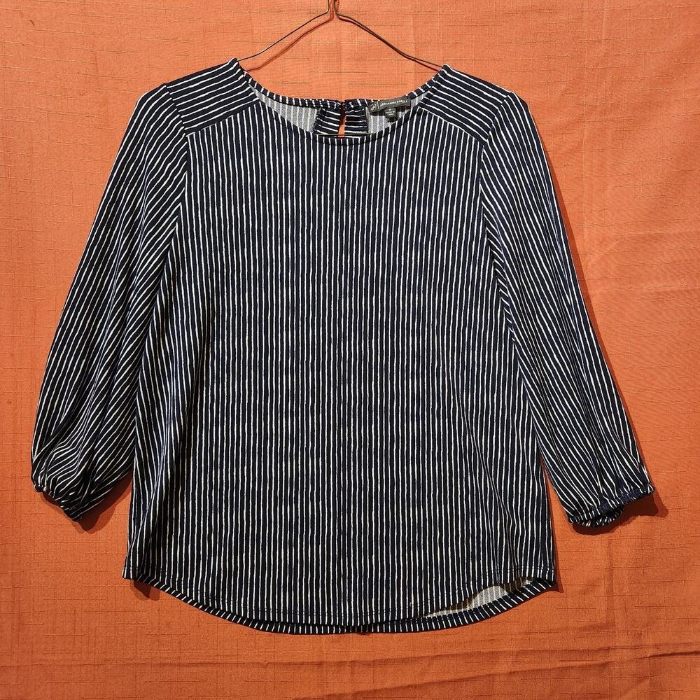 Adrianna Papell Sz M Blue & White Striped Top Cuff Half Sleeve Stretchy Blouse